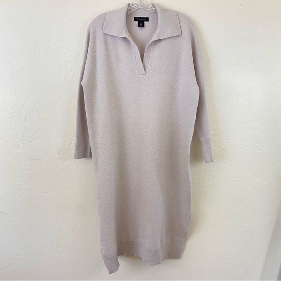 Tahari Size 1X Grey Beige Ribbed Knit Collared Full Sleeve Midi Sweater Dress - Picture 1 of 7